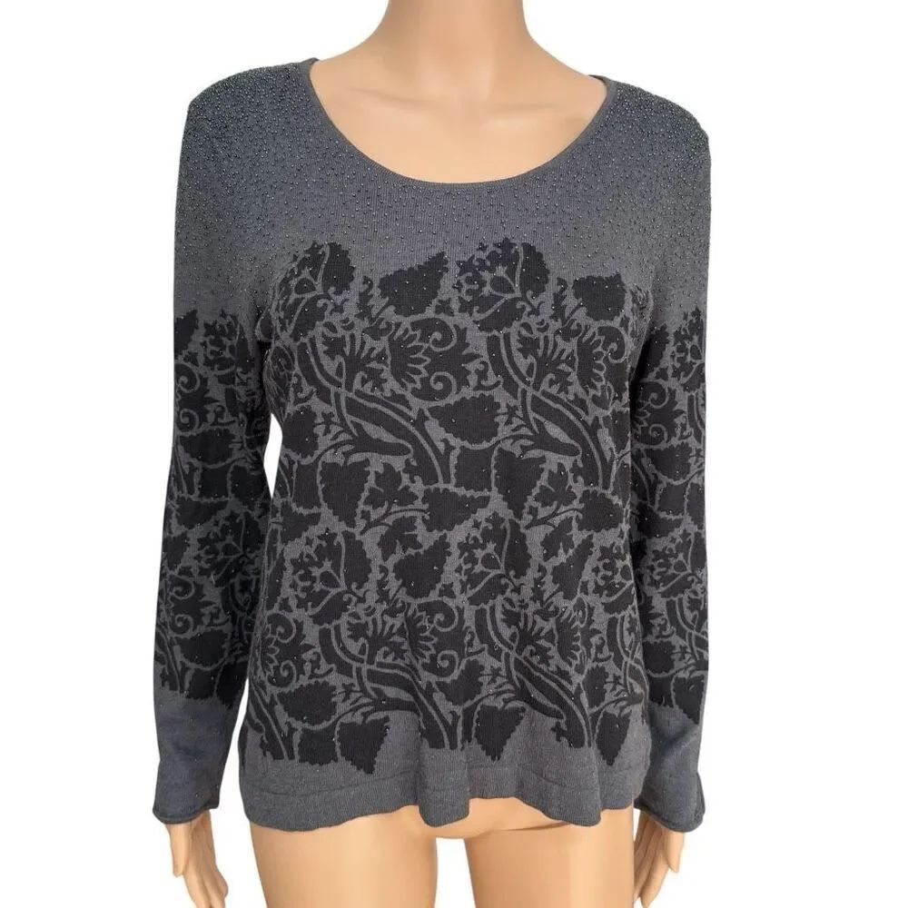 Sigrid Olsen silk blend gray floral beaded sweater size M